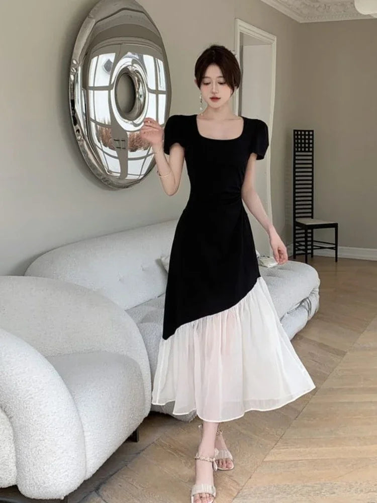 Long Maxi Female Dress Short Sleeve Women's Dresses Korean Style Designer Retro Kpop Casual Youth A Line Clothing Elegant Party