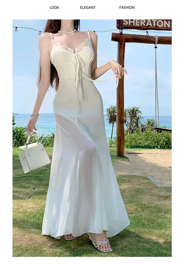 Korean Women's White Patchwork Lace Elegant Sexy Lace-up Slip Dress Summer Sleeveless Backless Vacation Party Pleated Long Dress