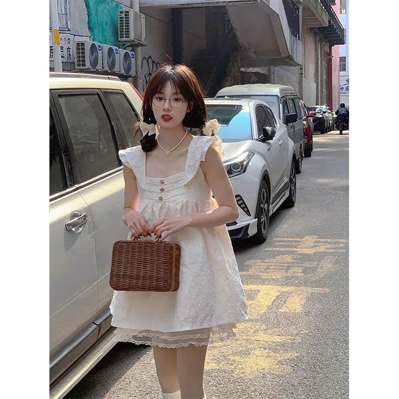 Kawaii White Mini Dress Women Japanese Cute Lace Patchwork Flying Sleeve Dresses Summer Fairy Korean Sexy Backless Vestidos New