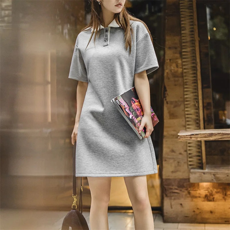 Maden Color-Block Polo Collar Dress Women's Summer Adjustable Waist Short Sleeve Preppy Style Dress Casual Tennis Short Dress