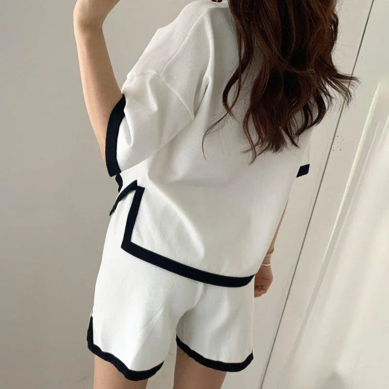 C01 Summer Thin Knitted 2 Pieces Sets Women O-neck Knitwears Short Sleeve Tops Conjuntos Korean High Waist Baggy Shorts Pants Outfit