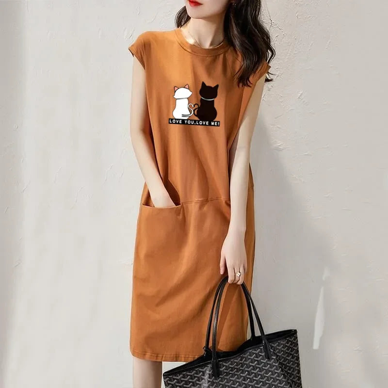 Women Summer Cat Print Dress Korean Fashion Aesthetic Clothes Casual Streetwear Black Loose Midi Dresses for Women