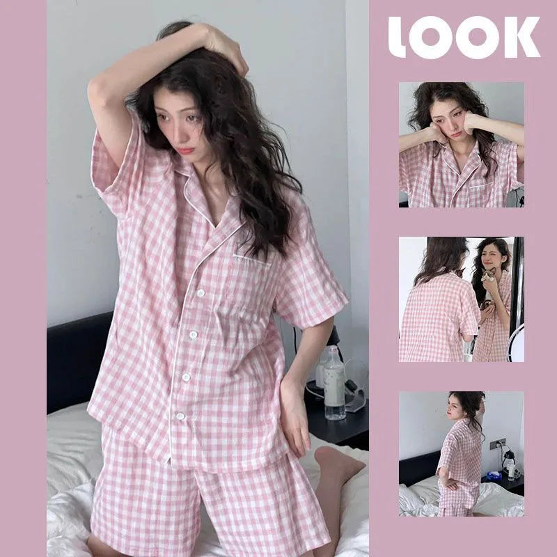 Sweet Sleepwear Women Pajama Sets Pink Plaid Shorts Sets 2 Pieces Korean Piiama Korean Night Wears Pocket Summer Home Suit 2025