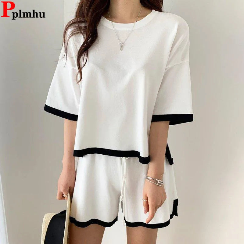 C01 Summer Thin Knitted 2 Pieces Sets Women O-neck Knitwears Short Sleeve Tops Conjuntos Korean High Waist Baggy Shorts Pants Outfit