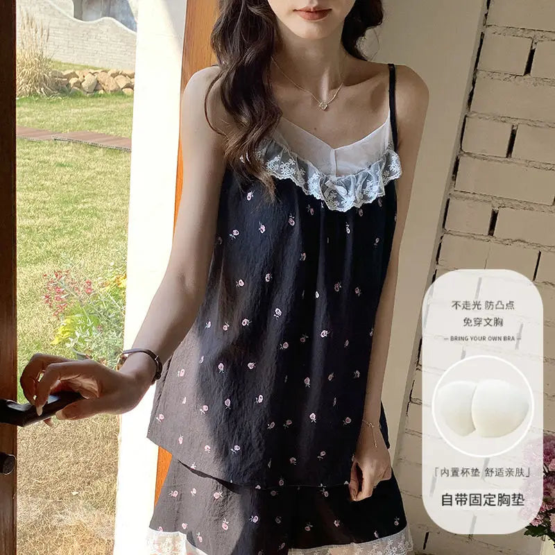 Floral Sleepwear Women Pajama Sets Korean Fashion Piiama Spaghetti Strap Female Sets 2 Pieces Lace Night Wears Cute Home Suit