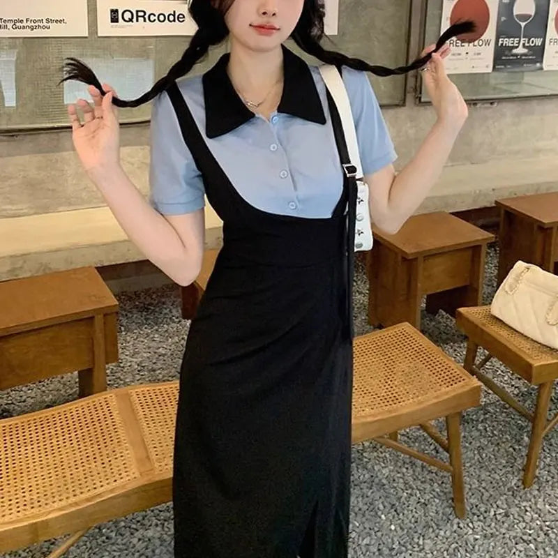 Fake Two Pieces Spliced Dresses Summer Korean Polo-Neck Button Women's Clothing Short Sleeve Waist Fashionable Split Long Dress