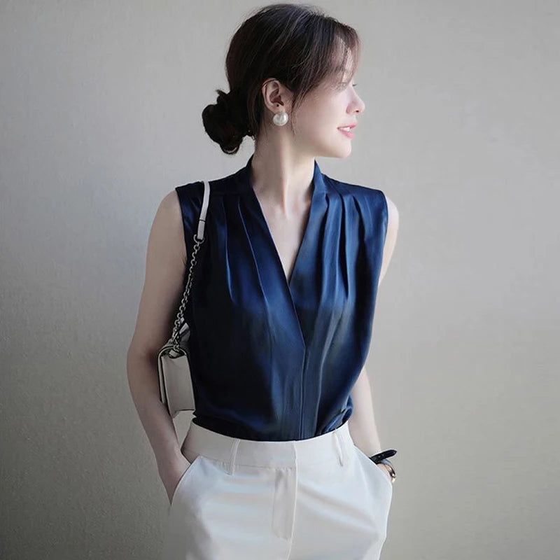 2025 New Summer Satin Tank Top Women's Blouses Sleeveless Solid Cross V-neck Casual Korean Elegant Vest Shirts for Womens