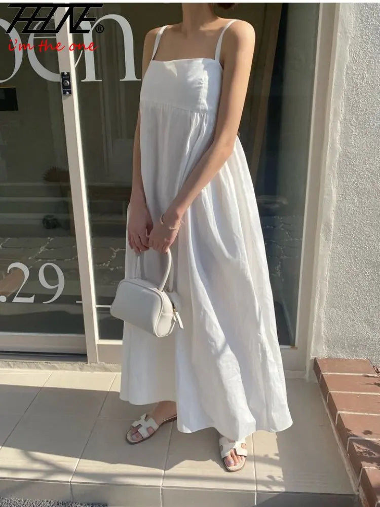 Dress Women Clothes Robe Vestido Sundress Frock Vintage White Korean Summer French Style Retro A-line Sleeveless Strap Dresses