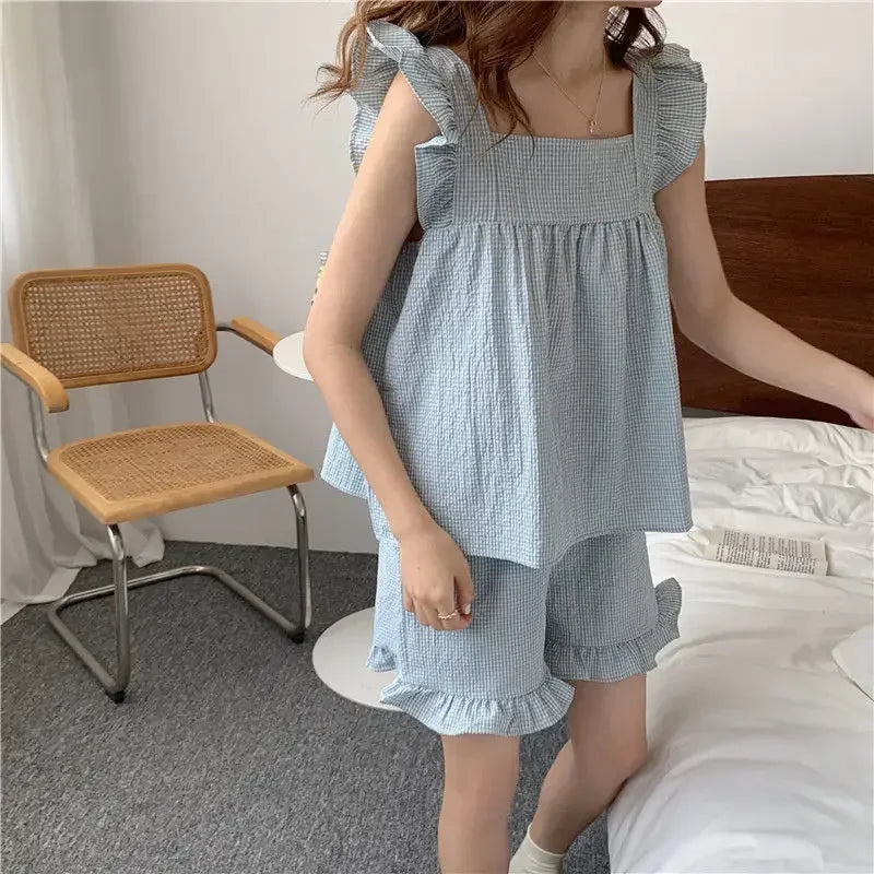 Plaid Sleepwear Women Pajama Sets Square Collar Piiama Fly Sleeve 2 Pieces Ruffles Night Wears Summer Korean Cute Home Suit New