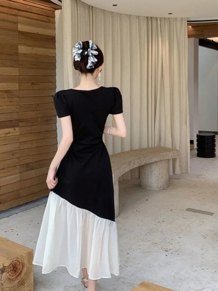 Long Maxi Female Dress Short Sleeve Women's Dresses Korean Style Designer Retro Kpop Casual Youth A Line Clothing Elegant Party