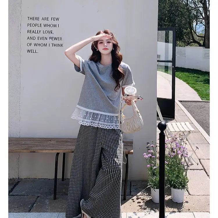 C04 Korean Lace Spliced gray Short-sleeved T-shirt Plaid Wide-leg Pants Suit for Women Summer Two-piece Set