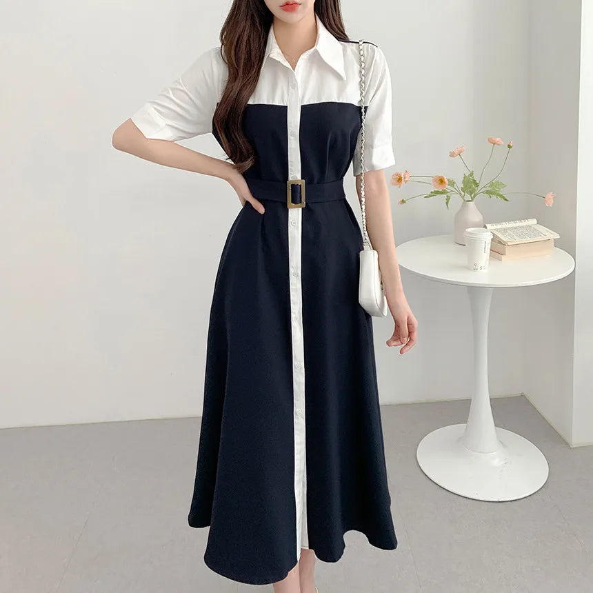 Summer Elegant Korean Long Dress Shirt Women Short Sleeve Patchwork Single Breasted Belt A Line Midi Vestidos Party Night