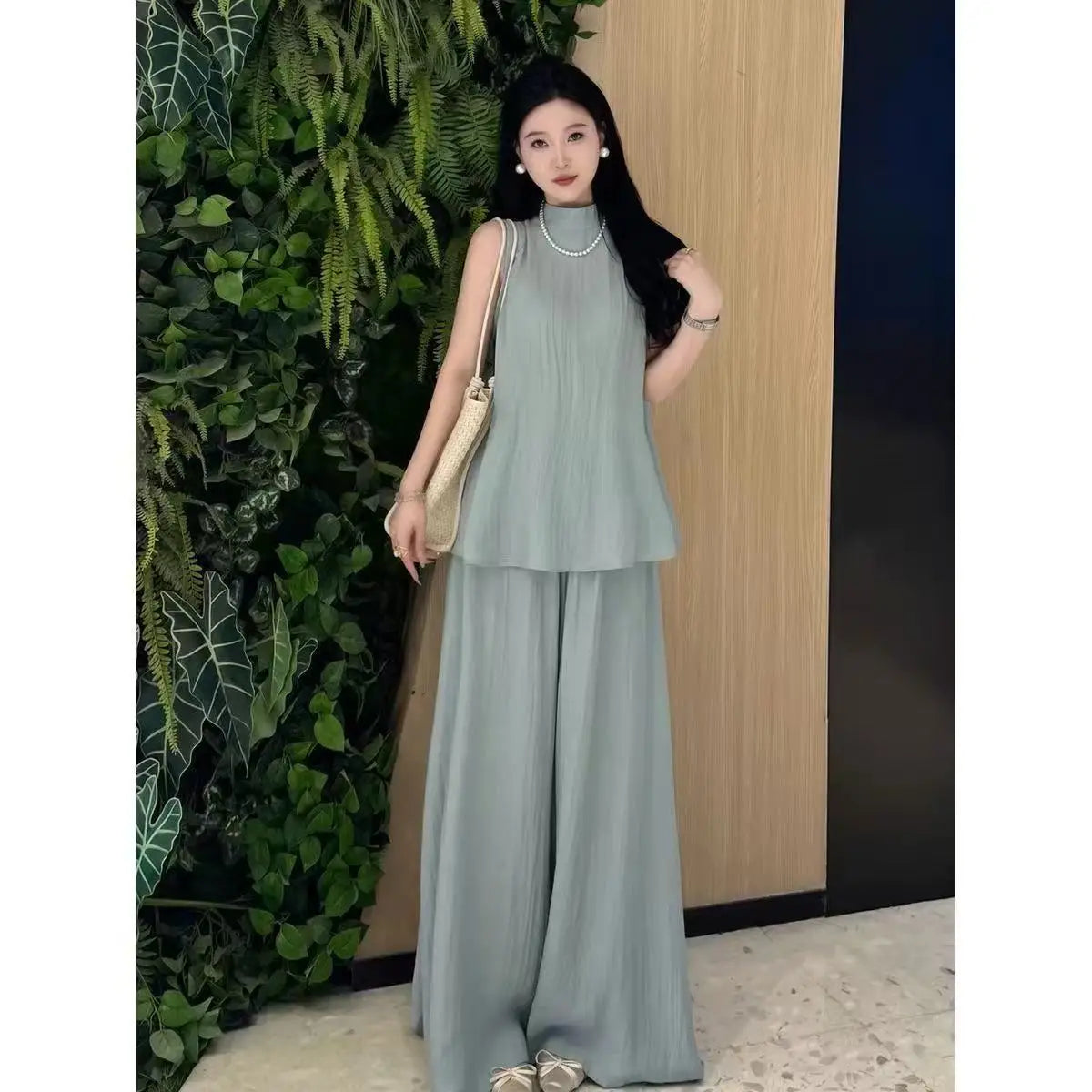 New Korean Fashion Casual Summer Women's Suit Fashion Sleeveless Split Loose Vest Top + High Waist Wide Leg Pants Two Piece Set