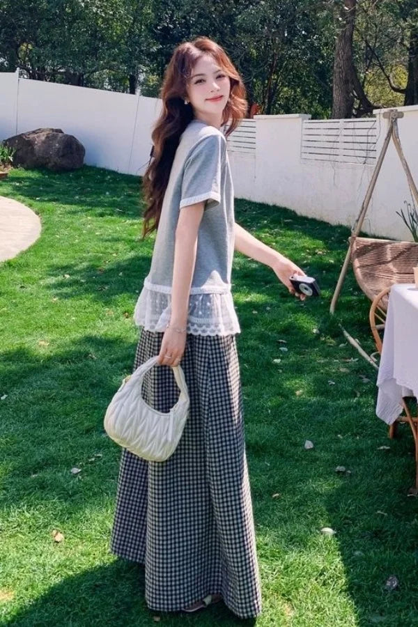 C04 Korean Lace Spliced gray Short-sleeved T-shirt Plaid Wide-leg Pants Suit for Women Summer Two-piece Set