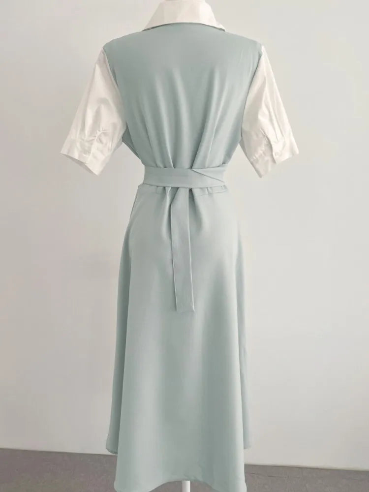 Summer Elegant Korean Long Dress Shirt Women Short Sleeve Patchwork Single Breasted Belt A Line Midi Vestidos Party Night