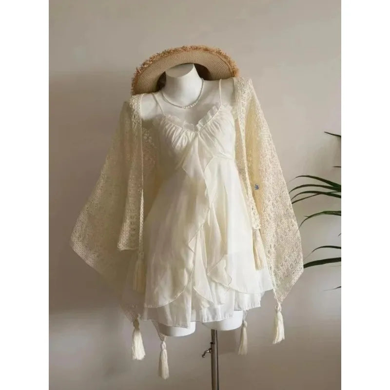 French Sweet Floral Lace Mini Dress Women Beach Style Evening Party Clothing Summer Slim Vintage One Piece Dress Korean Fashion