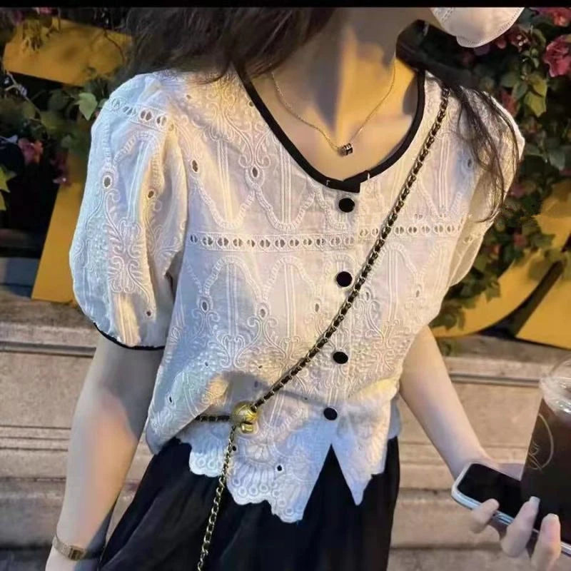 Women's Chic Summer Clothing Korean Graceful Lace Shirt+Mesh A-Line Midi Skirts Two Piece Set Lady Elegant Short Sleeve Top