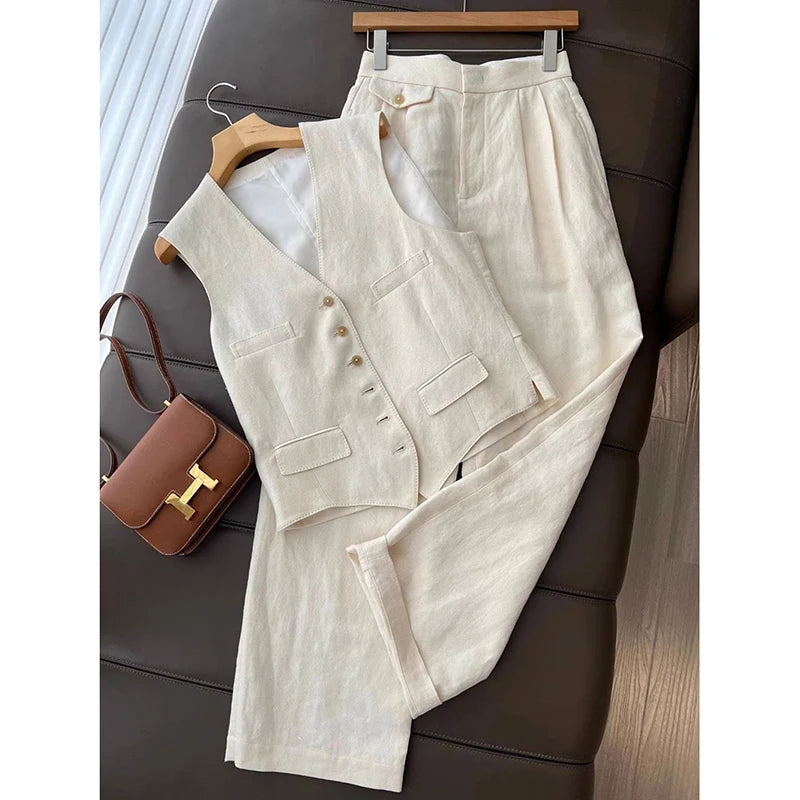 Korean Waistcoat Set Vest Pants Women Office Streetwear Minimalist Sleeveless Blazer High Waist Wide Leg Pants Tailored Straight