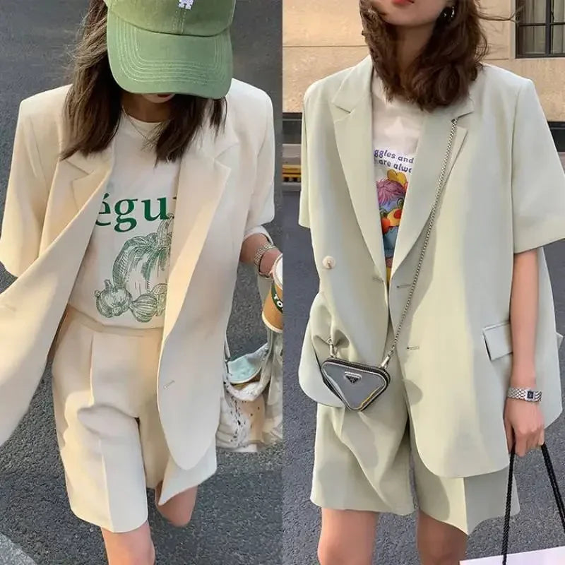 Clothing White 2025 Sleeve Summer Korean Style Blazer and Shorts Suit for Woman Kit Women's Short Pants Sets Complete Two Pieces