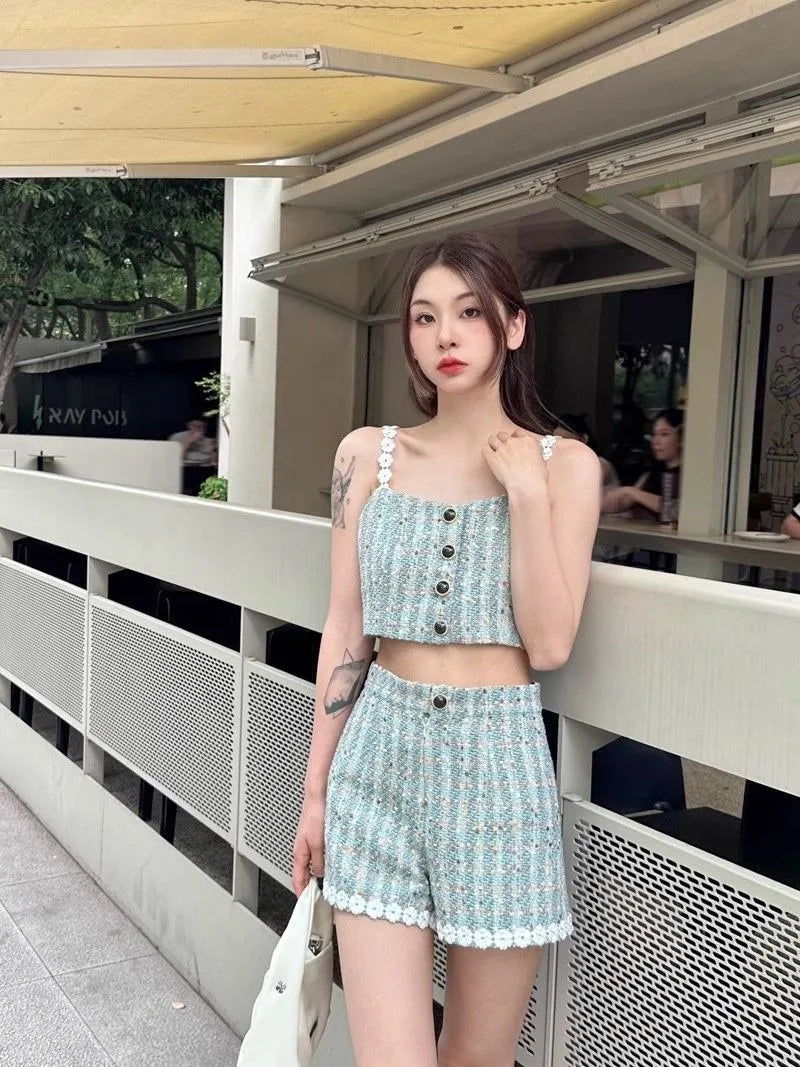 Sexy High Waist Short Pant Womens Two Peice Sets Tweed Vest Crop Top Korean Tanks Camis Plaid Shirts Chic Blouse New Shorts
