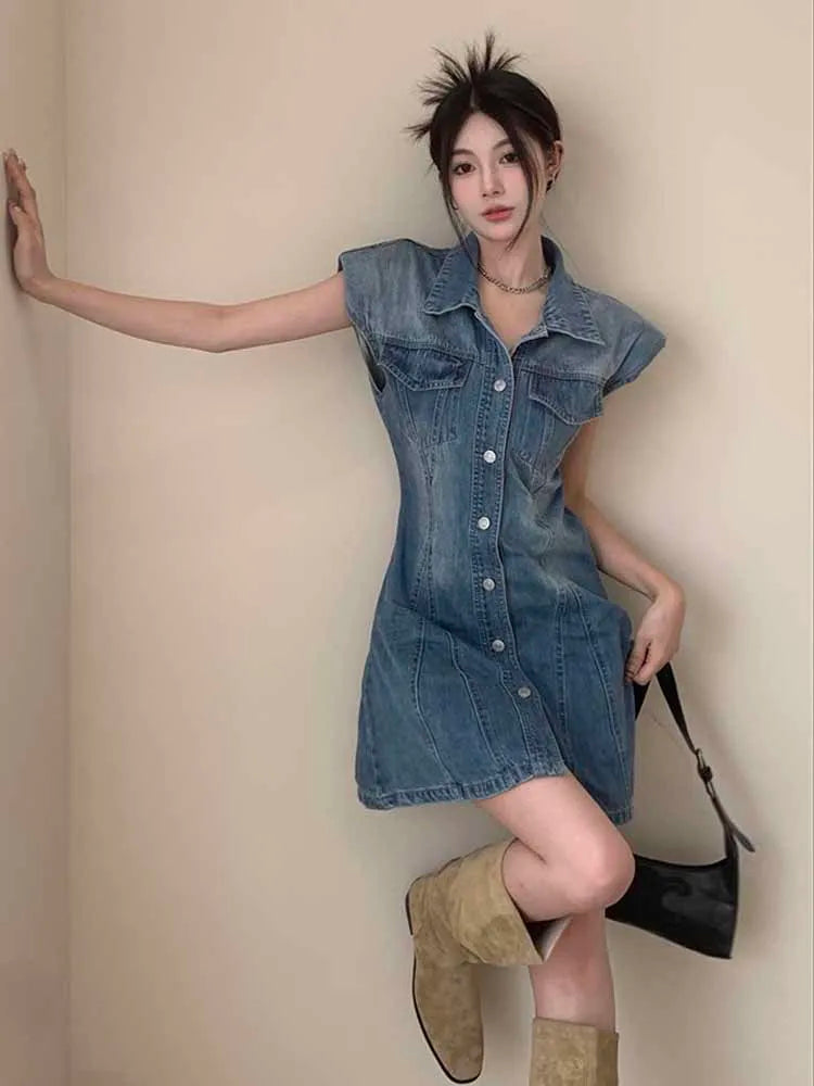 The Newest Fashion Wear Take Fashion Women Vintage Polo-neck Sleeveless Denim Blue Dress Party Cocktail Short Mini Dress