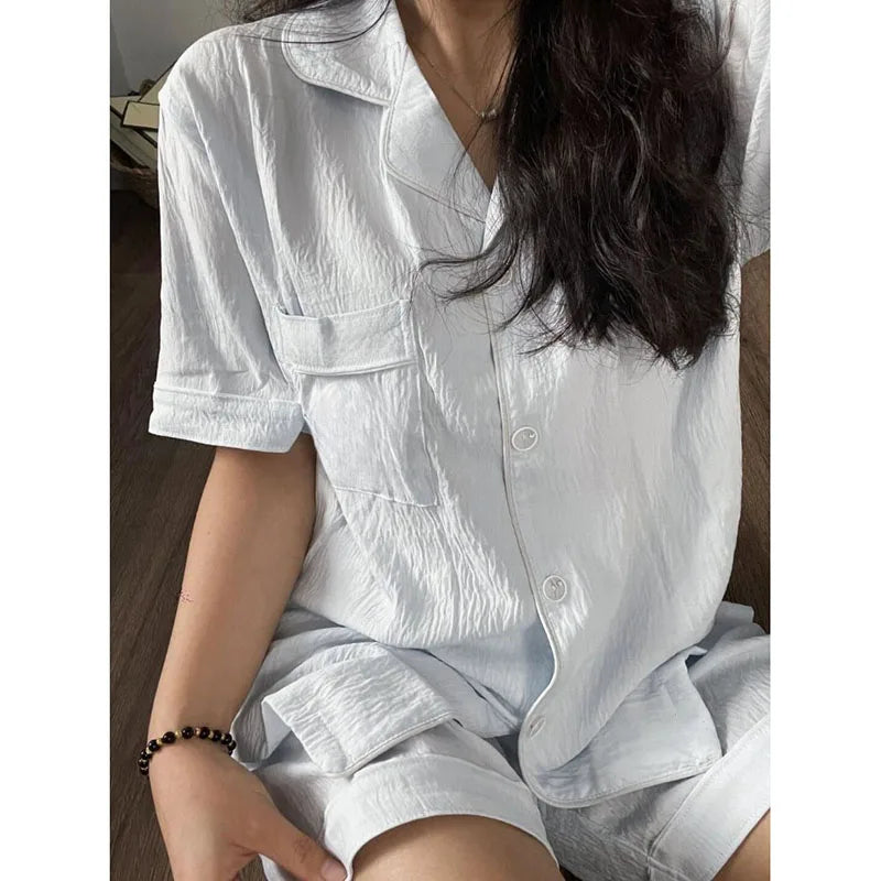 Pocket Sleepwear Women Pajama Sets Solid Korean Piiama Summer Shorts Sets 2 Pieces Short Sleeve Night Wears Casual Home Suit New
