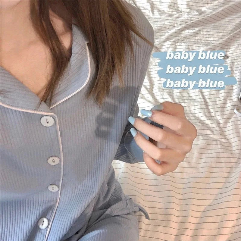 Ribbed Knit Women Pajamas Sets Spring Korean Sleepwear 2 Piece Buttons Pyjama Long Sleeve Top Pants Pijama Mujer Pjs Home Suit