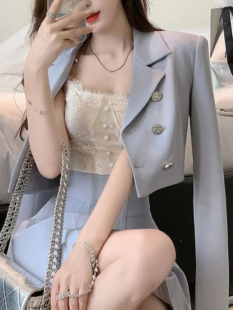 Women Spring Summer Short Blazers Mini Skirts Two Piece Set Korean Preppy Style Blue Suit Jacket A-Line Skirt Sets Outfits