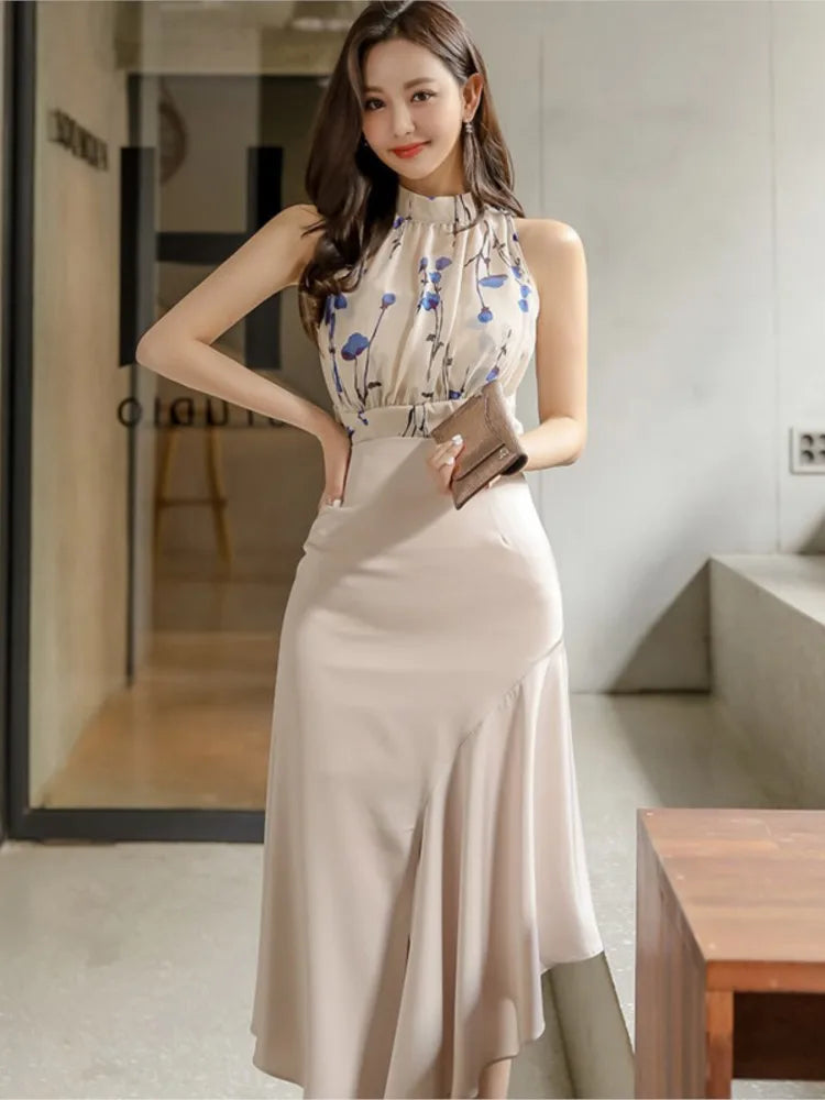 Women Summer 2 Pieces Set Casual Simple Office Skirt Suit Korean Sale Sleeveless Print Tops + High Waist Mermaid Skirts