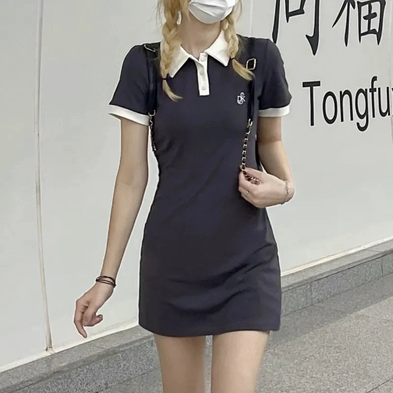 Polo Women's Dress Summer Y2K One Pieces Korea Student Short Sleeve Mini Skirt Slim Sheath Tight Female Dress Collar Shirt