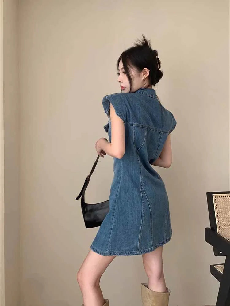 The Newest Fashion Wear Take Fashion Women Vintage Polo-neck Sleeveless Denim Blue Dress Party Cocktail Short Mini Dress