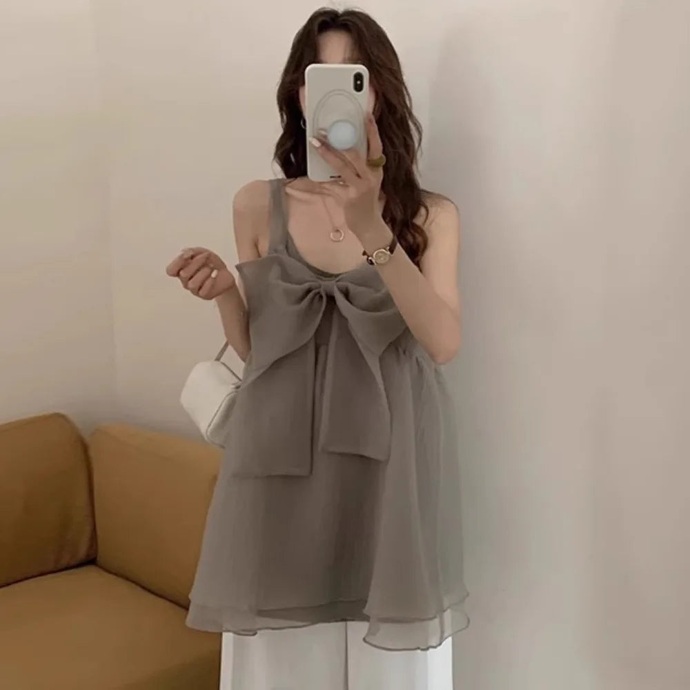 Mesh Back Bow 2025 Vestidos Korean Fashion Tank Dress Summer Sweet Sexy Strap Dresses Woman Loose Robe Mini Ropa De Mujer