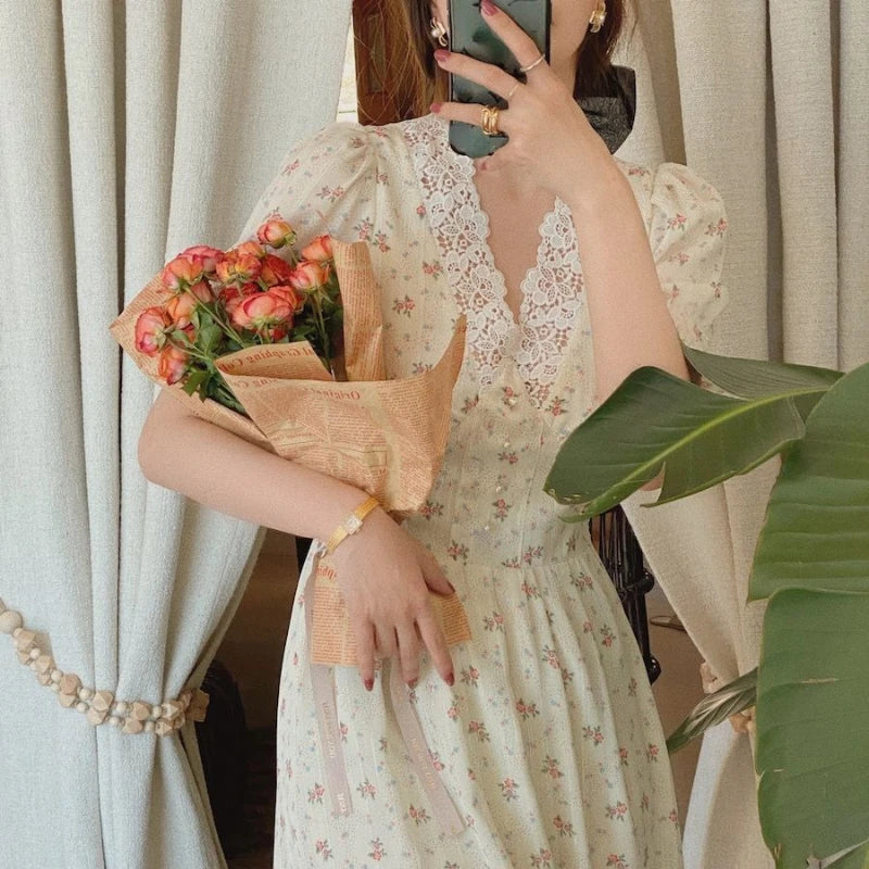 New Vintage Floral One Piece Dress Women Elegant Lace Korean Fashion Party Dress Female Cottagecore V-Neck Casual Midi Dresses