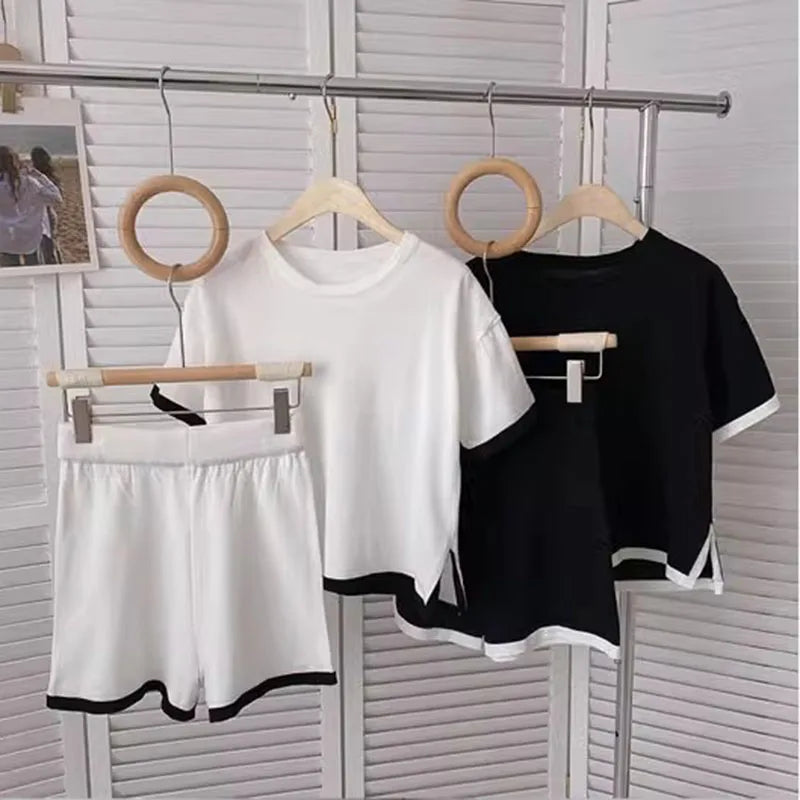 C01 Summer Thin Knitted 2 Pieces Sets Women O-neck Knitwears Short Sleeve Tops Conjuntos Korean High Waist Baggy Shorts Pants Outfit