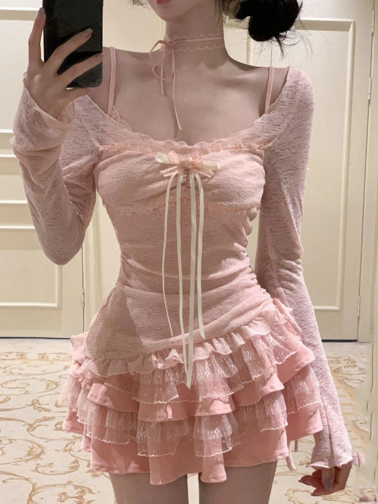 Spring Korean Sweet Fashion 2 Piece Set Women Lace Bow Blouse + Slim Patchwork Dress New Design Chic Sexy Y2k Harajuku Suit 2025