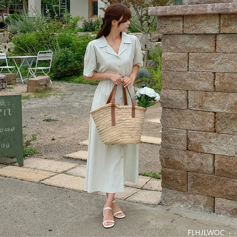 Cotton Linen Feminine Vestidos Chic Korea Fashion Clothes Women Office Lady Vintage Single Breasted Button Stripe Shirt Dress