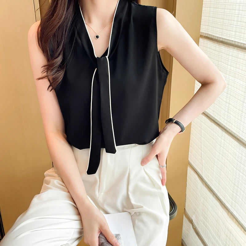 Summer Chiffon Sleeveless Tank Top Women's Bow Blouses 2025 New Strapless Casual Loose Korean Elegant Vest Shirts for Womens