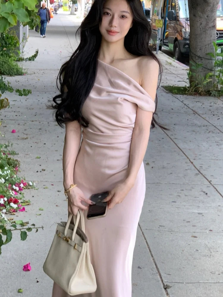 Women's Elegant Solid Evening Party Dresses Summer Fashion Korean Graduation Formal Dress Off Shoulder Slim Vestidos Clothing