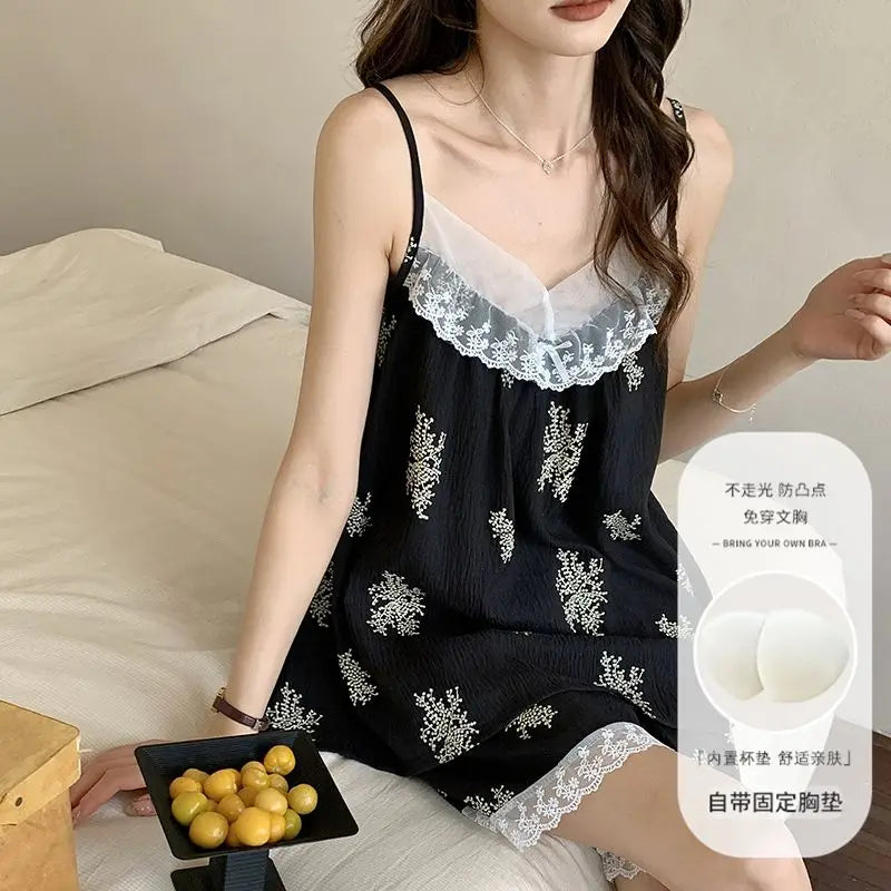 Floral Sleepwear Women Pajama Sets Korean Fashion Piiama Spaghetti Strap Female Sets 2 Pieces Lace Night Wears Cute Home Suit