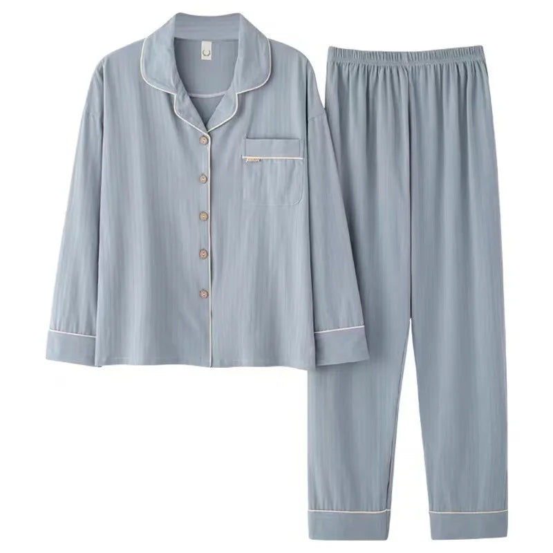 Ribbed Knit Women Pajamas Sets Spring Korean Sleepwear 2 Piece Buttons Pyjama Long Sleeve Top Pants Pijama Mujer Pjs Home Suit
