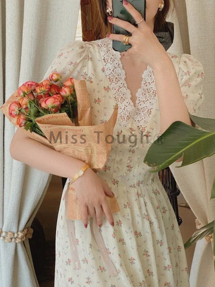 New Vintage Floral One Piece Dress Women Elegant Lace Korean Fashion Party Dress Female Cottagecore V-Neck Casual Midi Dresses