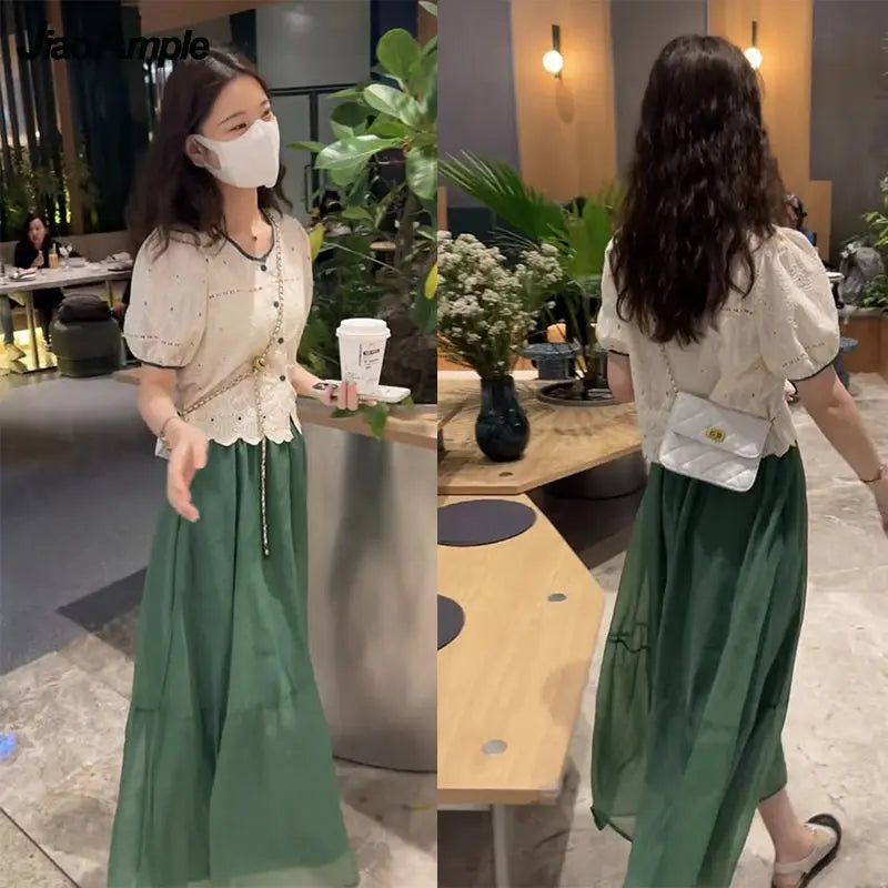 Women's Chic Summer Clothing Korean Graceful Lace Shirt+Mesh A-Line Midi Skirts Two Piece Set Lady Elegant Short Sleeve Top