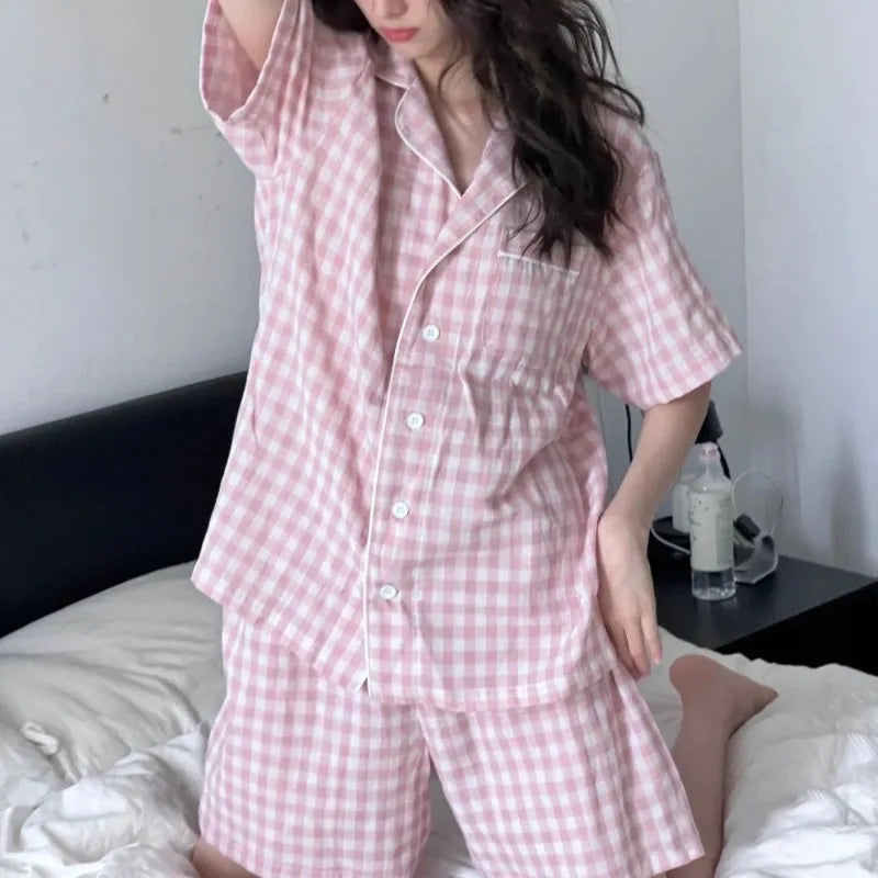 Sweet Sleepwear Women Pajama Sets Pink Plaid Shorts Sets 2 Pieces Korean Piiama Korean Night Wears Pocket Summer Home Suit 2025