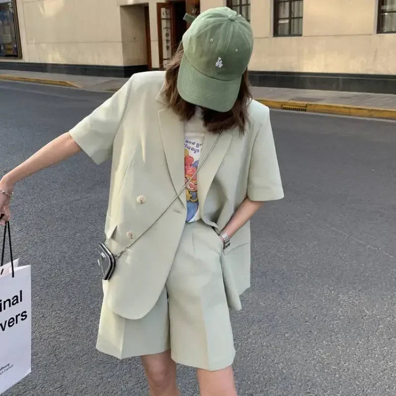 Clothing White 2025 Sleeve Summer Korean Style Blazer and Shorts Suit for Woman Kit Women's Short Pants Sets Complete Two Pieces