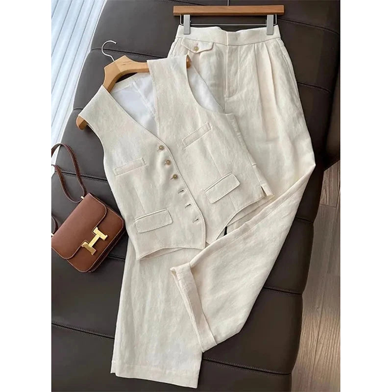 Korean Waistcoat Set Vest Pants Women Office Streetwear Minimalist Sleeveless Blazer High Waist Wide Leg Pants Tailored Straight