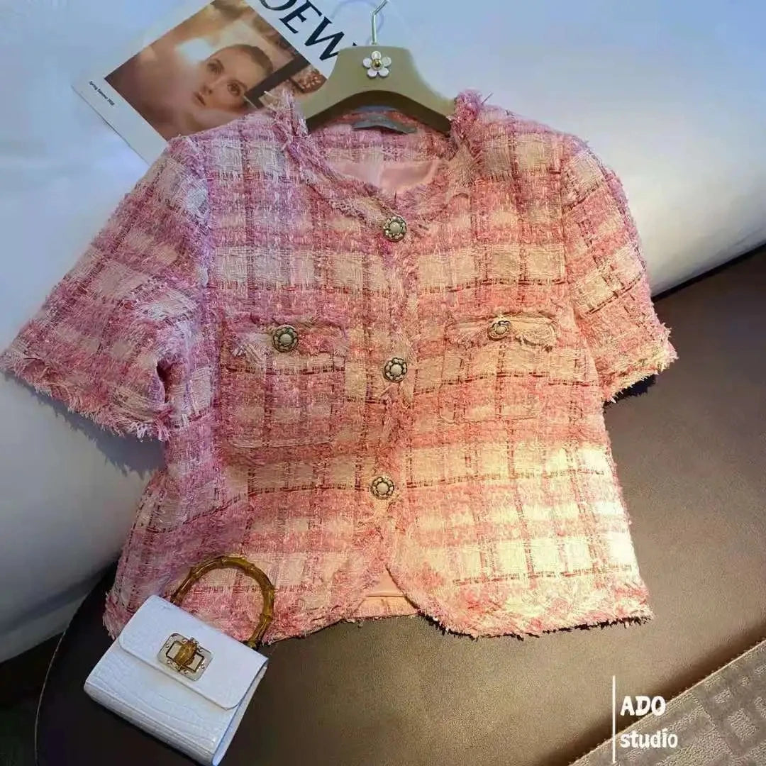 2025 Summer New Elegant Retro Short Korean Plaid Tweed Cardigan Women Fashion Short Sleeved Thin Short Jacket Female Elegant Top