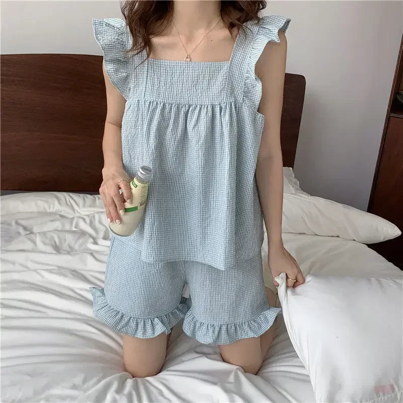 Plaid Sleepwear Women Pajama Sets Square Collar Piiama Fly Sleeve 2 Pieces Ruffles Night Wears Summer Korean Cute Home Suit New