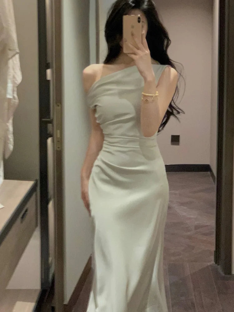 Women's Elegant Solid Evening Party Dresses Summer Fashion Korean Graduation Formal Dress Off Shoulder Slim Vestidos Clothing