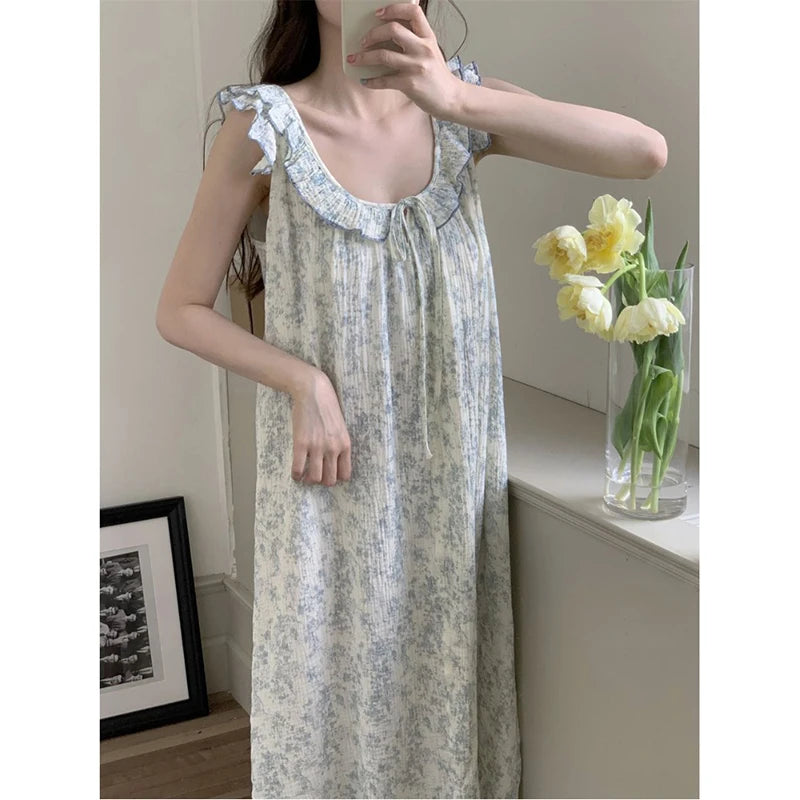 Floral Ruffles Women Nightgown Sleeveless Sleepwear O-neck Night Dress Korean Fashion Nightwear Summer One Piece Pajamas Dress