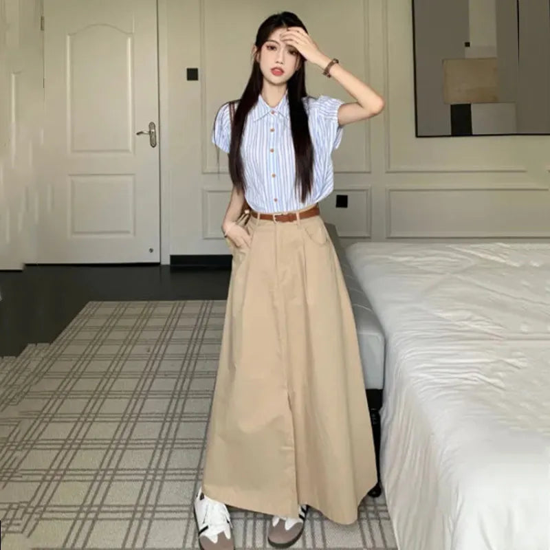 Korean fashion women's Polo collar striped shirt+loose high waisted split skirt two-piece set